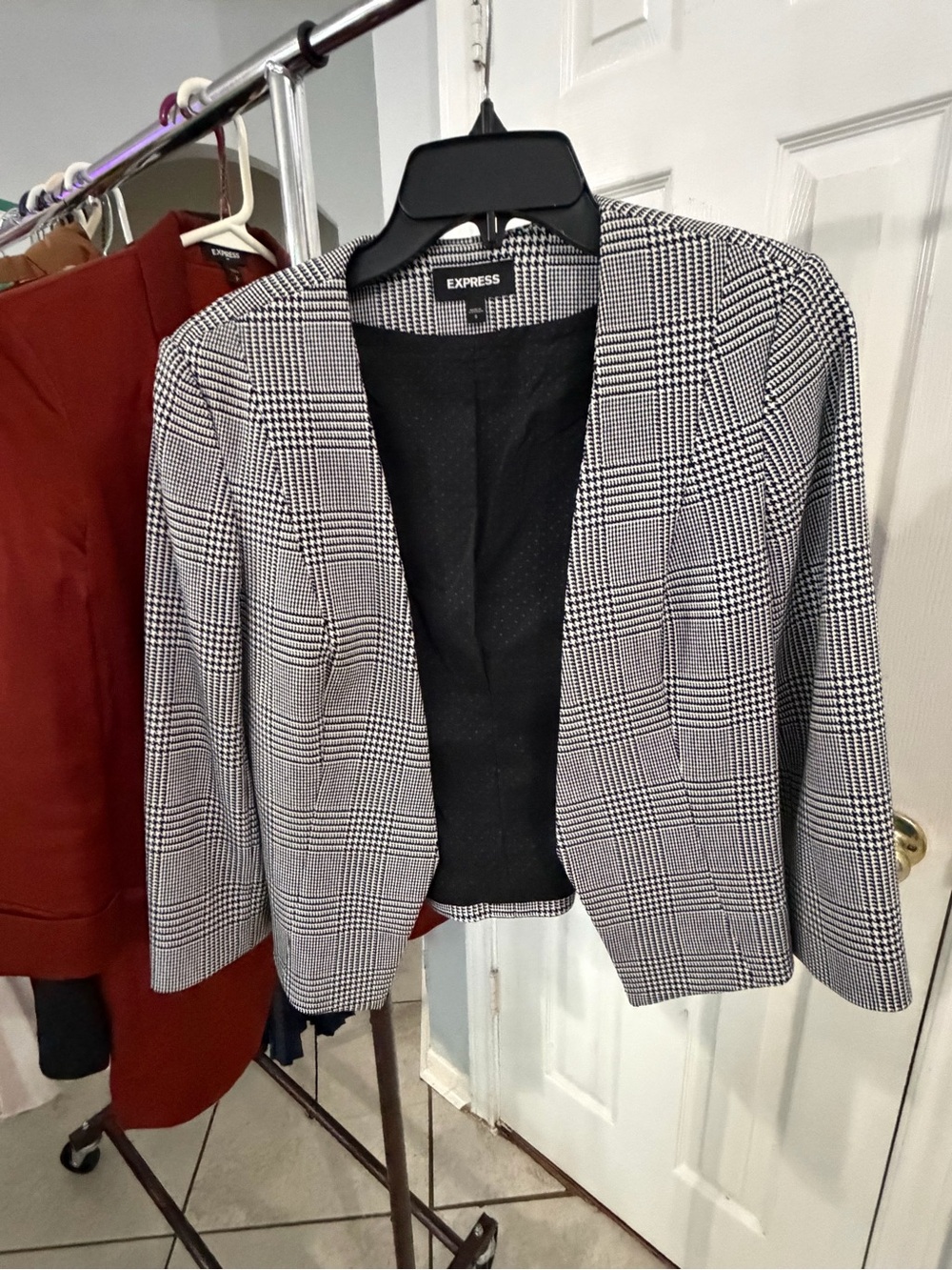 Express Black & White Glen Plaid Open Front Blazer